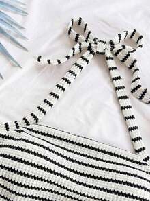 Parte superior corta ajustada con cuello de halter casual para vacaciones de mujer, verano de mujer, sin espalda, ropa de vacaciones de mujer, lunares, primavera de mujer, verano, parte superior para salir de mujer, vacaciones de mujer - Blanco y Negro - Ver 4