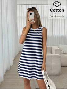 corto casual de mujer de cuello redondo sin mangas a rayas, para verano - Azul marino - Ver 7