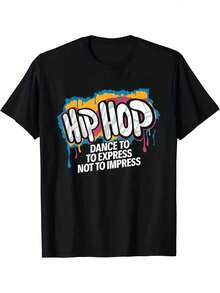 Men's Hip-Hop Dance Graphic T-Shirt - Graffiti Print "Dance To Express Yourself, Not To Impress", Urban Style High Neck T-Shirt, Ideal For Dinosaur Lovers And Rap Music Enthusiasts, Made With Soft And Breathable Fabric - 黑色 - 查看 1