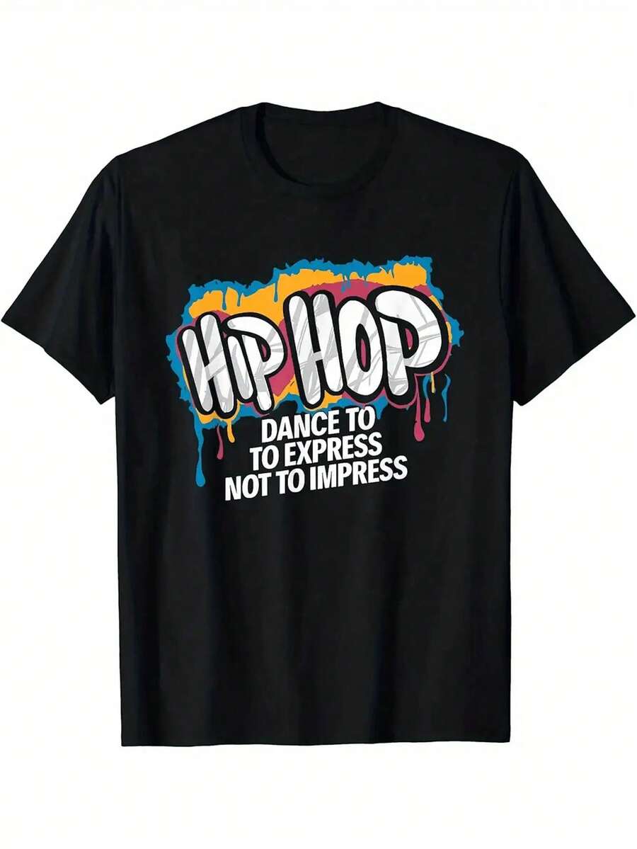 Men's Hip-Hop Dance Graphic T-Shirt - Graffiti Print "Dance To Express Yourself, Not To Impress", Urban Style High Neck T-Shirt, Ideal For Dinosaur Lovers And Rap Music Enthusiasts, Made With Soft And Breathable Fabric - 黑色 - 查看 1