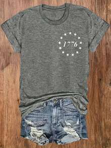 Women's Short-Sleeved Crew Neck T-Shirt, European And American Style, Lightweight And Breathable, With An American-Inspired Design Featuring 1776 Motifs And The National Flag, Suitable For Casual Autumn Wear, A Fashionable And Comfortable Printed Blouse, Versatile And Urban Style - Breathable And Skin-Friendly. - 灰色 - 查看 3