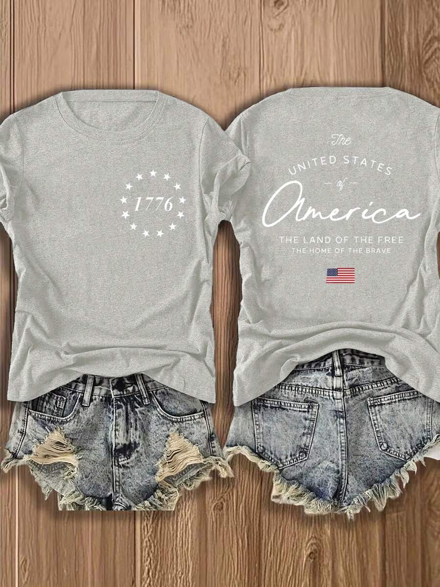 Women's Short-Sleeved Crew Neck T-Shirt, European And American Style, Lightweight And Breathable, With An American-Inspired Design Featuring 1776 Motifs And The National Flag, Suitable For Casual Autumn Wear, A Fashionable And Comfortable Printed Blouse, Versatile And Urban Style - Breathable And Skin-Friendly. - 淺花灰 - 查看 1