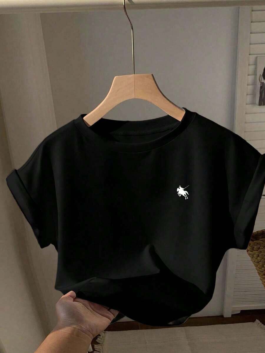 Camiseta de manga corta, cuello redondo, corte holgado y estampado de caballo minimalista y casual en azul marino, adecuada para el verano - Multicolor - Ver 1