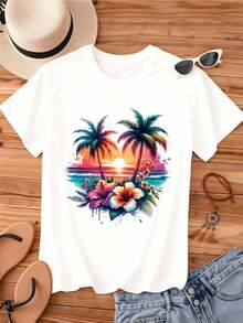 1 Piece Women's Round Neck T-Shirt With Tropical Sunset Palm Tree And Hibiscus Flower Print, Short Sleeve, Casual Summer Beach Vacation Clothes, 180g 100% Cotton - 白色 - 查看 3