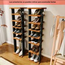 Este moderno y minimalista zapatero estrecho cuenta con siete estantes verticales, una unidad de esquina que ahorra espacio y dos ganchos. Está fabricado en corcho y aglomerado macizo. - Marrón - Ver 4