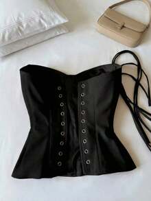 Top corto con corsé de cintura de espina de pescado, estilo sexy, tipo bandage, sin tirantes, para mujer, lindo para citas y fiestas, color negro, para verano - Negro - Ver 4