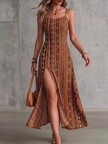 Vintage Printed Spaghetti Strap Dress, High Slit Design For Summer Beach Vacation Party Elegant - Multicolor - View 4