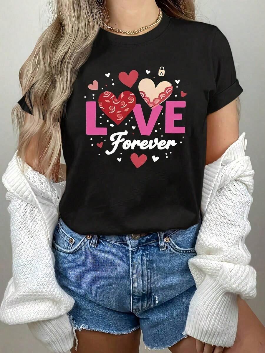Playera de manga cortaminimalistamodernodetallagrande,camisetademujerdetallagrandeconestampadoderosasycorazonesAmorPara siempre-Blusarománticademangacortaycuelloredondo,regaloparaelDíadeSanValentín,casualyversátillavableamáquinaidealparamujeresconCurvas. Camisa de mujer Casual 100% Algodón 100% Algodón - Negro - Ver 1