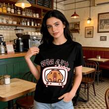 Tops para mujer de algodón con estampado gráfico de capibara para mujer, estilo casual, manga corta, cuello redondo, elasticidad media, corte regular, ropa de verano, ropa de vacaciones para mujer, tops de mujer, tops de verano, conjuntos de verano, ropa de verano, regalos de Pascua. - Negro - Ver 6