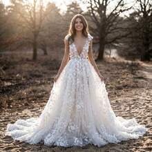 Women's Elegant Lace Deep V-Neck Wedding Dress, Romantic Bridal Gown With Flared A-Line Skirt, Formal Evening Party Dress, Perfect For Dating, Banquet, Travel, Birthday, Celebration, Vacation, Prom, Special Occasions - 白色 - 查看 5