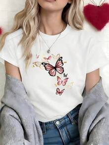 Aesthetic Pink Gold Gradient Flying Butterflies Graphic T-Shirt, 100% Cotton Oversized Soft Breathable Dreamy Tee, Casual Crewneck Short Sleeve Top For Summer & Nature Lovers - 白色 - 查看 3