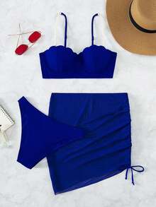 Swim Vcay Conjunto de bikini adornado con perlas, sujetador push up de concha, braguita de bikini y falda de playa Traje de baño de 3 piezas - azul real - Ver 6