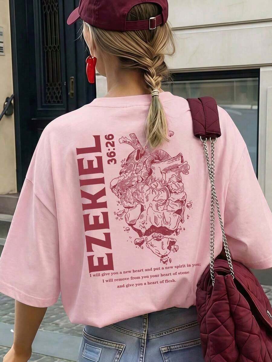 Women's Loose Fit Christian Faith T-Shirt, Comfortable And Elastic With Round Neck, Printed With "Ezekiel 36:26", Anatomical Heart And Bible Verse, Viral Religious Urban Clothing Of INS Aesthetic, Suitable For Church, Bible Study, Youth Group And Daily Devotion In Summer. - 粉色 - 查看 1