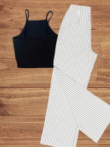 Conjunto de top sin mangas casual a rayas y pantalones, adecuado para la oficina y el jardín, primavera/verano - Blanco y Negro - Ver 4
