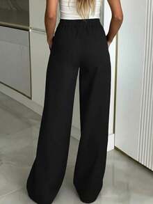 Pantalones anchos de primavera casuales para mujer  estilo de pierna recta holgada, diseño de cintura único de unicolor, adecuados para la oficina y el uso diario, versátiles y favorecedores - Negro - Ver 3