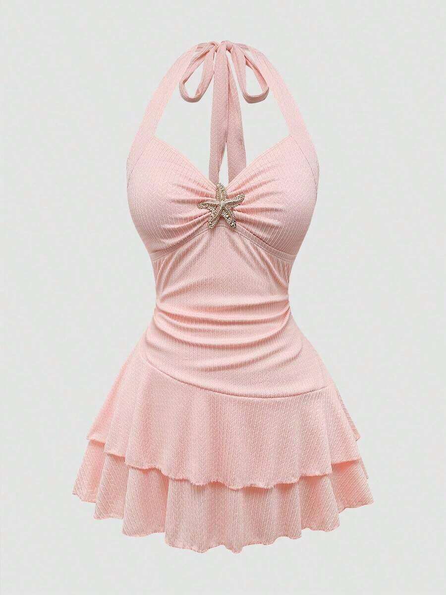 Conjunto de 2 piezas de vestido de tirantes con decoración de estrella de mar y shorts de baño para mujer talla grande, ideal para verano y vacaciones en la playa - Rosa - Ver 1