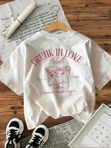[Estampado a Doble Cara]Camiseta de Estilo Vintage con Estampado de Letras "DRUNK IN LOVE" y Copas de Vino, Corte Holgado, Casual, Cuello Redondo, para Mujer - Estilo Urbano Vintage, Unisex, Camiseta de Algodón de Manga Corta con Cuello Redondo, blusas para mujer. blusas.blusas casuales para dama. - Blanco - Ver 3