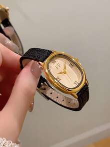1pc Retro Style Adjustable Strap Quartz Women's Watch Elliptical With Roman Numeral Scale For Compact And Perfect For Daily - Black - View 8