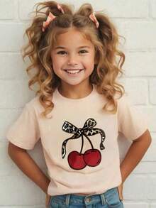 Graphic T-Shirt For Kids, Girls' Clothing, Boys' Clothing, Cherry With Leopard Print Bow, Suitable For Everyday Wear, Street Style, Outings, Home, Holidays, Back To School, Spring And Summer - 杏色 - 查看 2