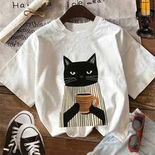 Camiseta de Verano Casual para Mujer, Estilo Ilustrado, Estampado de Gato Negro, Cuello Redondo, Manga Corta - Blanco - Ver 7