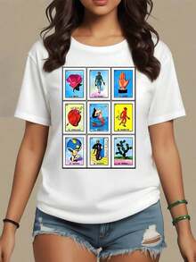 Ilustración colorida que representa cartas tradicionales mexicanas con símbolos como la rosa el corazón la sirena y el mundo celebrando la cultura latina camiseta para mujer 100% algodón - Blanco - Ver 8