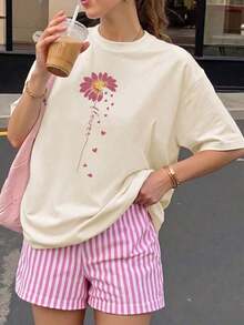 New Summer 2026 Model, Women's Printed Short Sleeve T-Shirt, 1 Piece, For Summer, Polyester Fabric, Multifunctional Style, Regular Fit, Weight 180 Grams, 1 Unit. 100% Cotton, Suitable For Outdoor Outings And Everyday Street Wear. - 杏色 - 查看 12