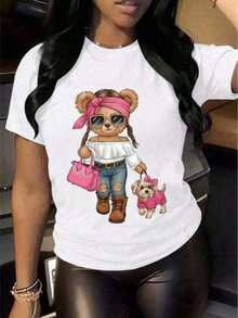 Camiseta de mujer moderna, informal, para fiestas y para estar en casa, 100% algodón, corte holgado. 1pscDama Cute T-shirt gráfico muñeca y perro relax cuello redondo manga corta primavera/verano uso diario playera,Playeras de mujer gráfica Verano 2026 Oversize100%cotton - Blanco - Ver 1