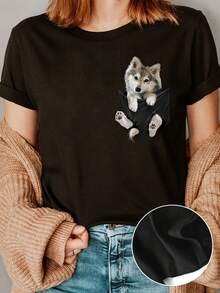 Women's Modern, Casual T-Shirt, Perfect For Parties And Lounging At Home. 100% Cotton, Loose Fit. Dog Print Crew Neck T-Shirt, Casual Short Sleeve T-Shirt For Spring & Summer, Women's Clothing. 100% Cotton - 黑色 - 查看 2