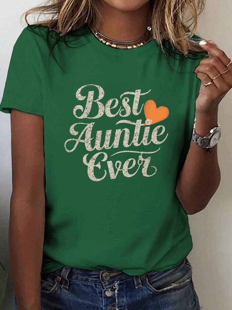 Classic Short-Sleeved, Crew-Neck T-Shirt For Women, Ideal For Spring And Summer, Featuring The Print "Best Aunt". A Hit. - 綠色 - 查看 1