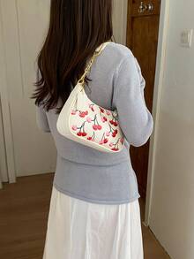Nuevo bolso de moda clásico y versátil con diseño gráfico de letras, unicolor, material impermeable de PU, bolso de hombro, bolso de axila, adecuado para compras, decorado con colgante - Blanco 9 - Ver 3
