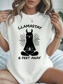 Summer1 Llamastay Yoga Graphic Graphic Casual T-Shirt, 100% Cotton, Loose Fit, Urban Hip Hop Style, Comfortable And With A Graphic Design. 100% Cotton. Women's Short-Sleeved T-Shirt, A Basic Style That Goes With Everything, For Indoor And Outdoor Wear. - 白色的 - 查看 7