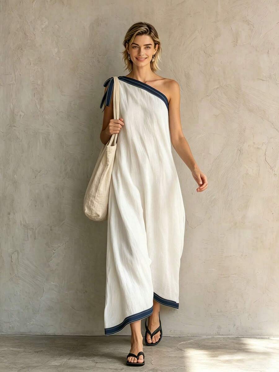 New 2026 Elegant Long Dress For Women With Contrasting Color Bow Back - Putih - View 1
