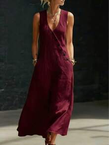 New 2026 Women's Summer Tank Dress Solid Color V-Neck Buttoned Sleeveless - Burgundy - View 2