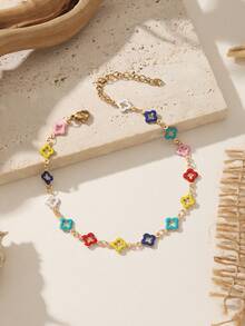 1pc Random Color Clover Painting Oil Copper Chain Anklet, Fashionable Beach Vacation Accessory Suitable For Women's Daily Outfit, Gift Or Holiday - Multicolor - View 4