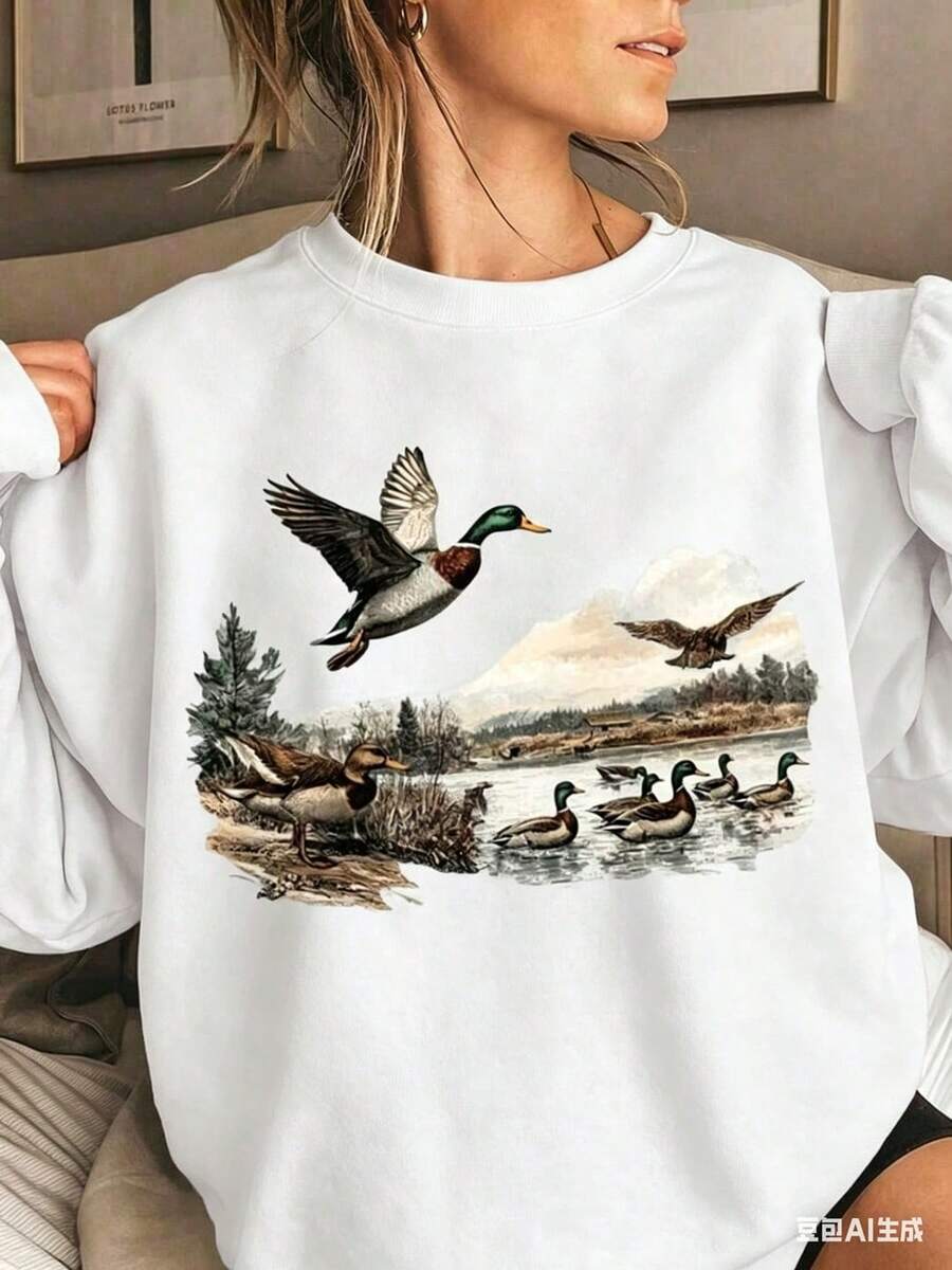 Women's Casual Loose Fit Crewneck Long Sleeve Sweatshirt With Duck Animal Painting Print,Fall Clothes-Unisex Loose-Long-Sleeve Crew Neck Sweatshirt - 白色 - 查看 1