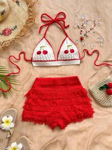 Conjunto de 2 piezas de top corto de punto con escote halter y bordado de cerezas, y shorts de punto con flecos para vacaciones de mujer - Rojo y blanco - Ver 4