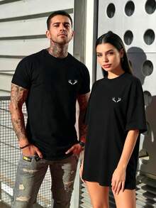 Men's Deer Head Print Round Neck Casual Commuter T-Shirt - Black - View 2