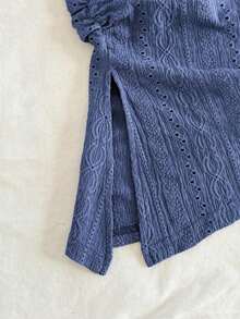 Blusa ajustada con diseño arrugado, abertura lateral y bajo asimétrico en textura azul para vacaciones de mujer - Azul - Ver 4