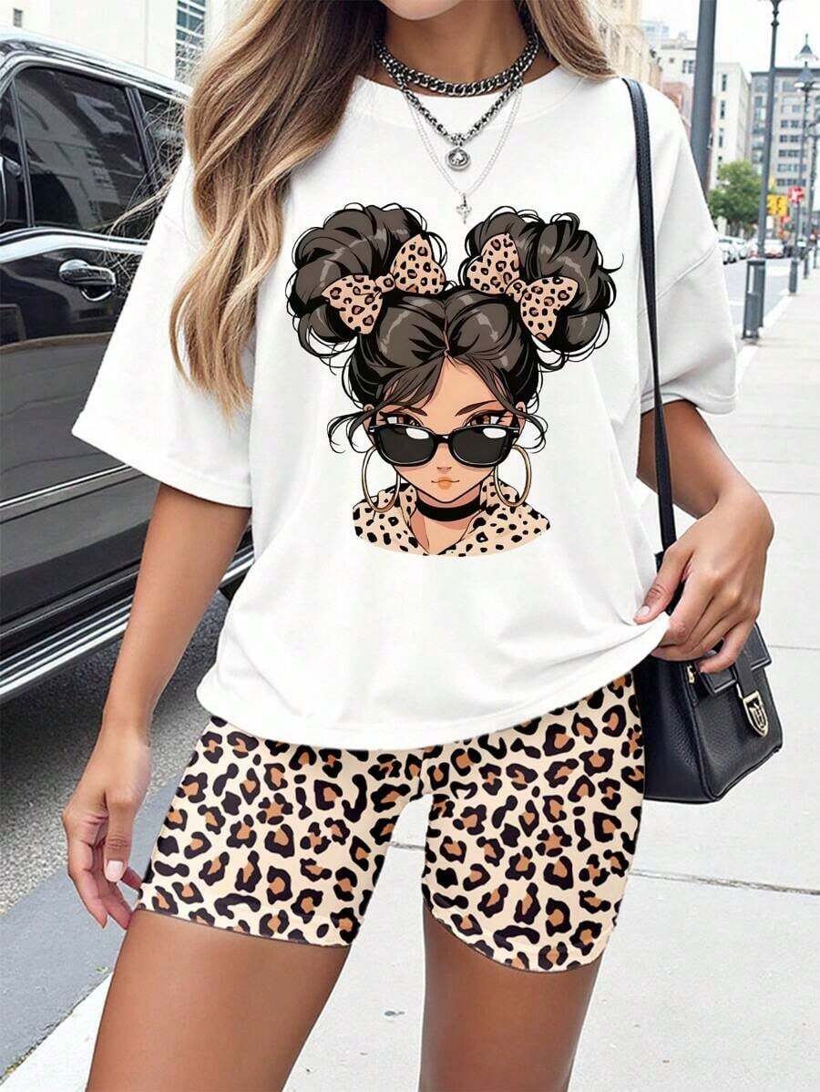 Conjunto de camiseta y pantalones cortos de ciclista con estampado gráfico de número 13 y eslogan, de moda casual para mujer - Multicolor 13 - Ver 1