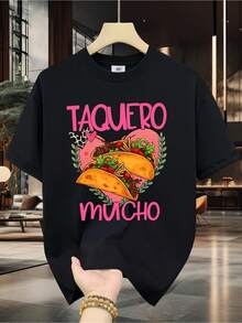 Camiseta de Algodón 100% para Hombre - Manga Corta, Cuello Redondo, Estampado Digital, Cómoda para Todas las Estaciones, Lavable a Máquina, Ideal para Salidas Diarias, Cuello Redondo, Diseño Circular, Camiseta Casual de Verano Tshirt Muscle Freaks Tacos estilo comida mexicana camiseta - Negro - Ver 1