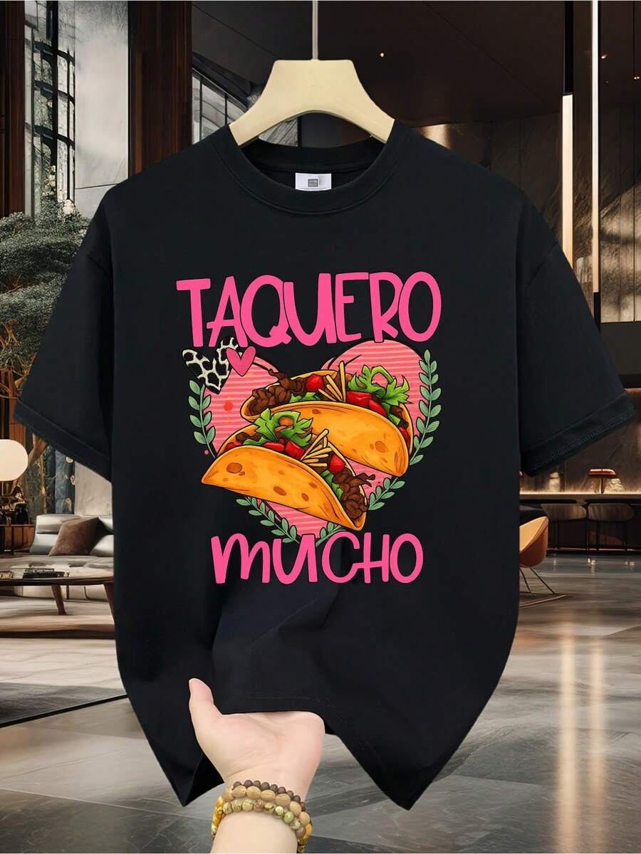 Camiseta de Algodón 100% para Hombre - Manga Corta, Cuello Redondo, Estampado Digital, Cómoda para Todas las Estaciones, Lavable a Máquina, Ideal para Salidas Diarias, Cuello Redondo, Diseño Circular, Camiseta Casual de Verano Tshirt Muscle Freaks Tacos estilo comida mexicana camiseta - Negro - Ver 1