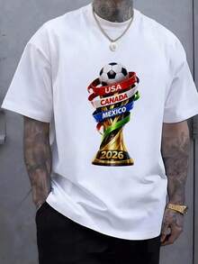 Trofeo futbolístico con balón y cintas tricolores que celebran la unión de USA Canadá y México en el mundial 2026 símbolo de pasión y hermandad deportiva Camiseta de hombre 100% algodón - Negro - Ver 1