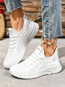 White Women Knit Slip On Platform Sneakers, Lightweight Non-Slip Thick Sole Tennis Walking Running Shoes - 白色 - 查看 5