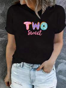 Camiseta Negra de Mujer Talla Grande, Estampado de Dibujos Animados Lindos, Cuello Redondo, Bloque de Color, uste Regular, Para Todas las Estaciones - Negro - Ver 2