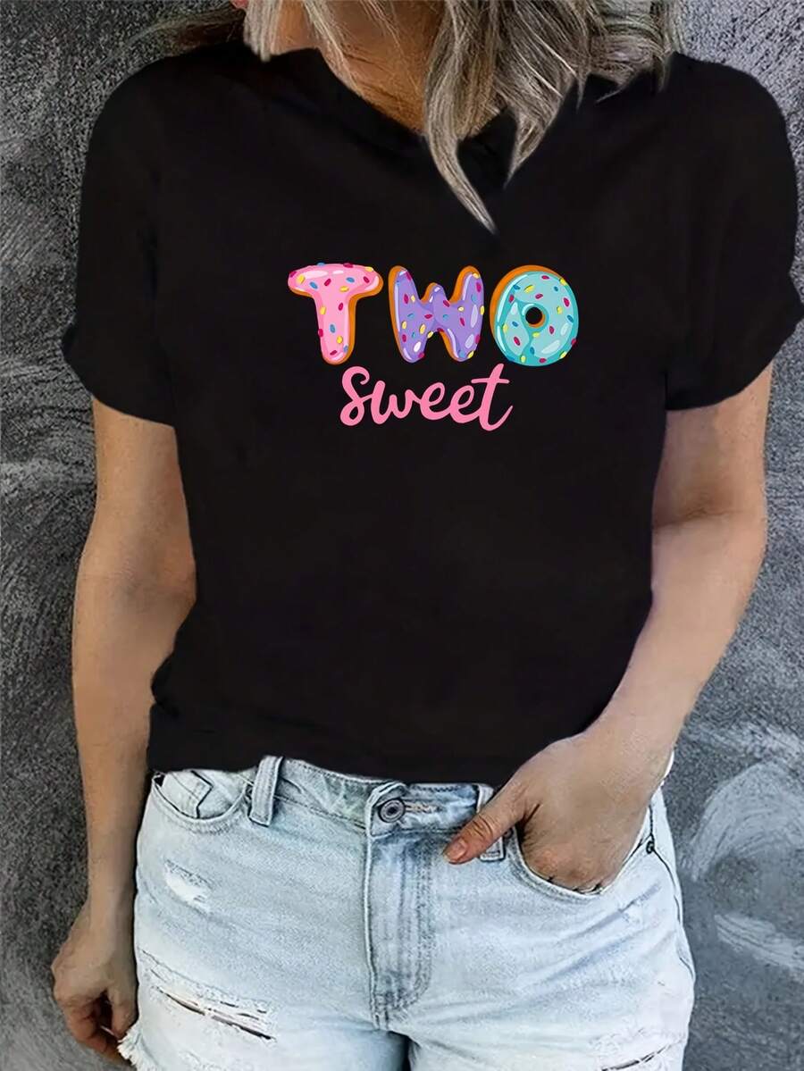 Camiseta Negra de Mujer Talla Grande, Estampado de Dibujos Animados Lindos, Cuello Redondo, Bloque de Color, uste Regular, Para Todas las Estaciones