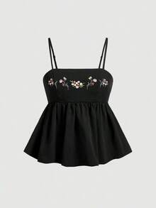 Top corto de campesina con bordado estilo vintage para mujer, verano, casual, boho, concierto country, rave, festival, western, brunch, playa, lindo, estilo hada, salir, tops bohemios, tops de fiesta, top negro, top de rave, top de camisola negr - Negro 2 - Ver 5
