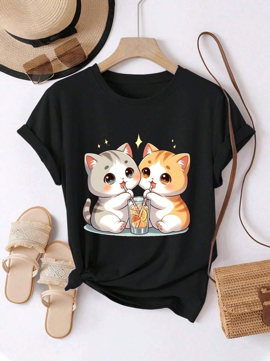 Women's T-Shirt, Comfortable And Casual, Short Sleeve And Round Neck, With A Cute And Adorable Design Of Two Cats Drinking From The Same Cup, Regular Length, Suitable For All Seasons, Fashionable For Everyday Wear, Ideal For Women's Spring And Summer Clothing. - 黑色 - 查看 1