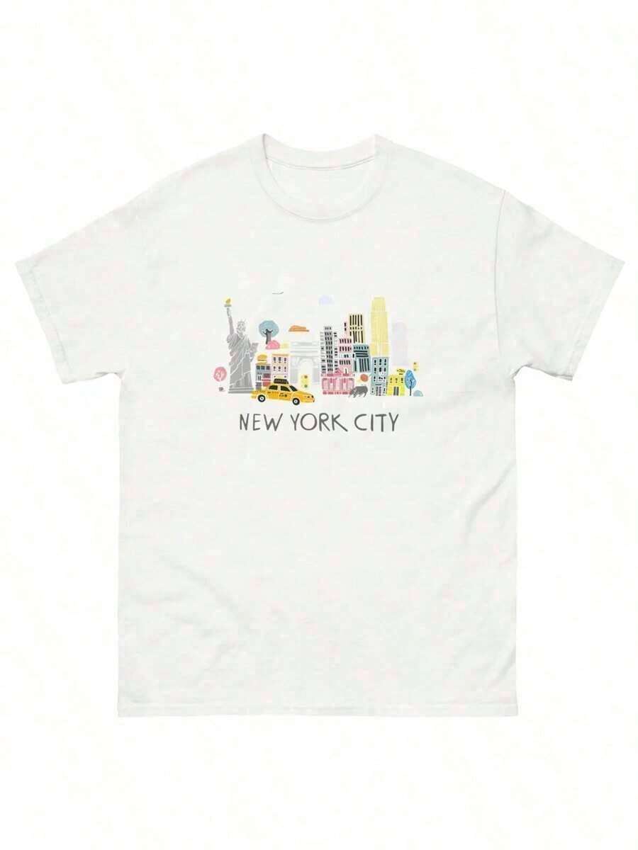 1 pieza de camiseta casual de moda para hombres y mujeres, 1 pieza de camiseta divertida 100% algodón, camiseta de la ciudad de Nueva York, camiseta para amantes de Nueva York, 180g 100% algodón, versátil, fácil de combinar, para uso diario, estilo urbano, ropa de vacaciones, ropa de fin de semana. - Blanco - Ver 1