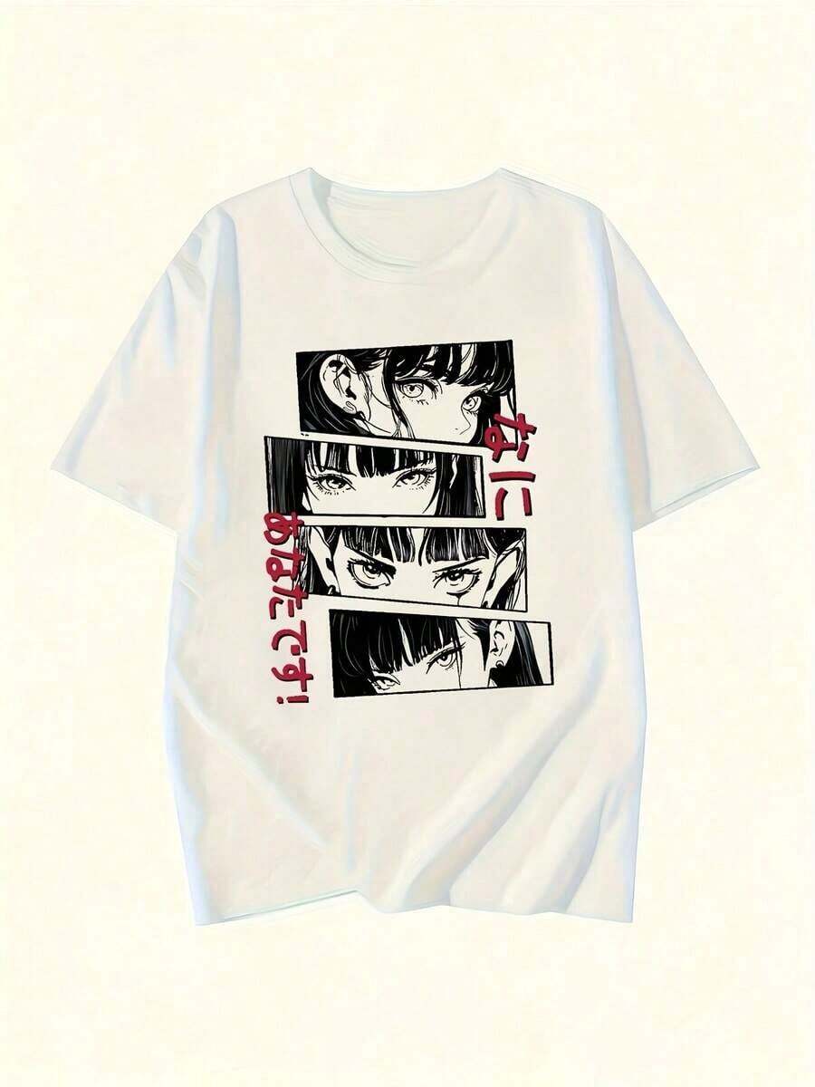 Nueva Camiseta Blanca Estampada con Retrato de Anime 2025, Cuello Redondo, Tela Fresca y Cómoda para Vacaciones, Estilo Casual Vintage Elegante y Sexy Y2K para Primavera, Verano y Otoño, Moda Femenina, Lavable a Máquina y de Limpieza en Seco > Moda Femenina > Transpirable y cómoda para Mujer - Blanco - Ver 1
