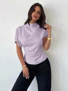 Blusa de bambú y lino con cuello arrugado, mangas asimétricas, plisado lateral y cintura ceñida, para uso diario, color albaricoque, para todas las estaciones - Morado Violeta - Ver 8